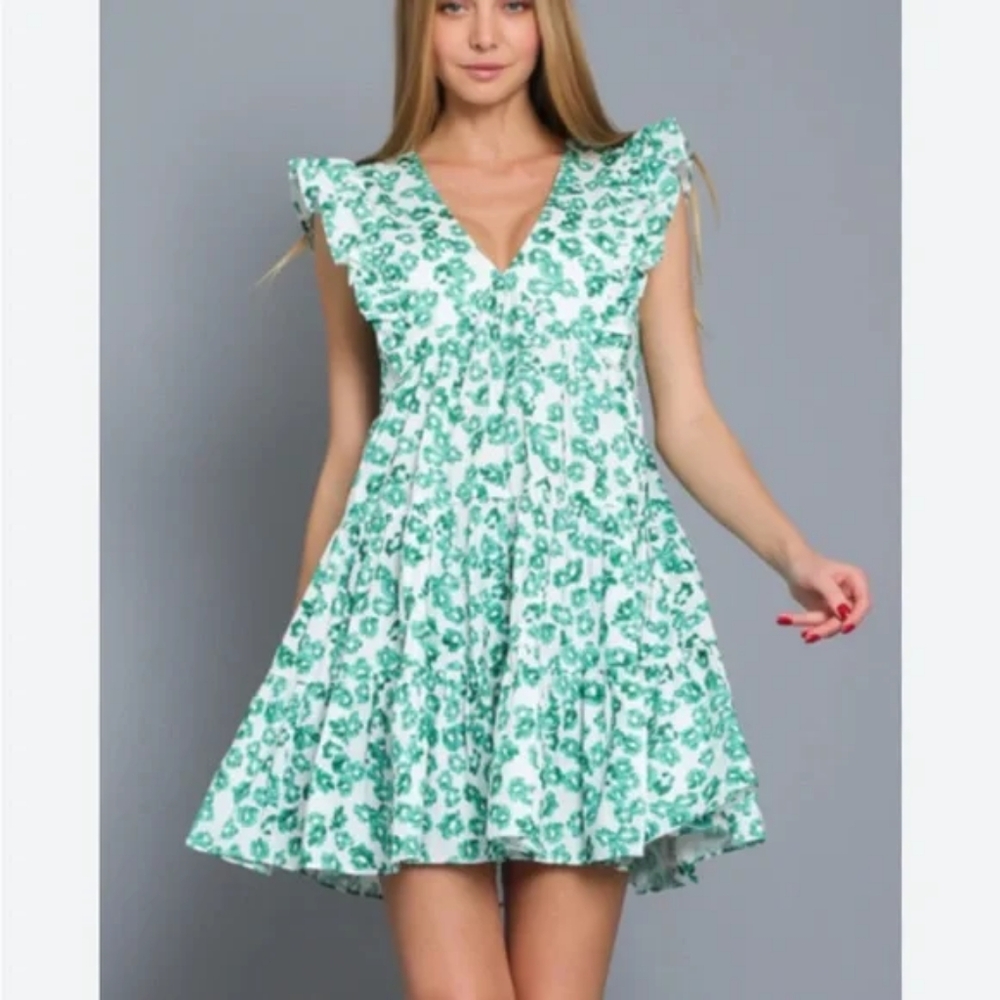 AAKAA Green & White Print Ruffle Trim Mini Dress | SZ S
